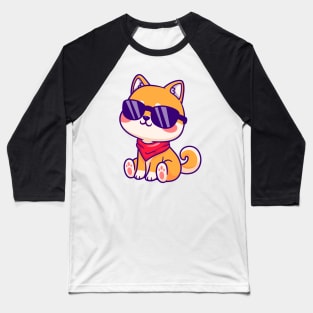 Cute Shiba Inu Sitting Wearing Glasses Cartoon Baseball T-Shirt